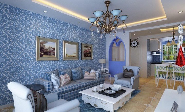 只需3万元20平米淡蓝色地中海风格U型沙发客厅装修效果图